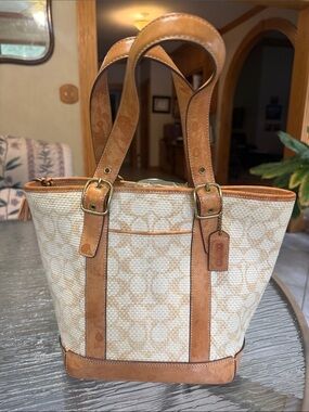Coach Cream Canvas Tote with Tan Leather Trim